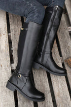 Black Side Zipper Knee High Chunky Low Heel Boots- Women