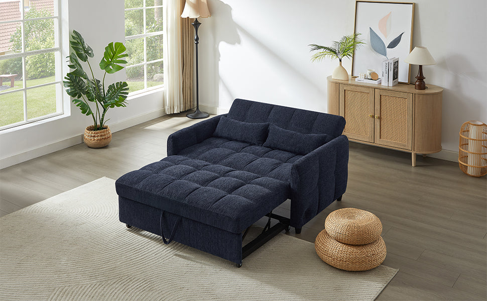 Modern Loveseat Sofa Pull-out Bed with Adjustable Backrest, USB Ports, Lumbar Pillows, Blue Chenille, 52.8'