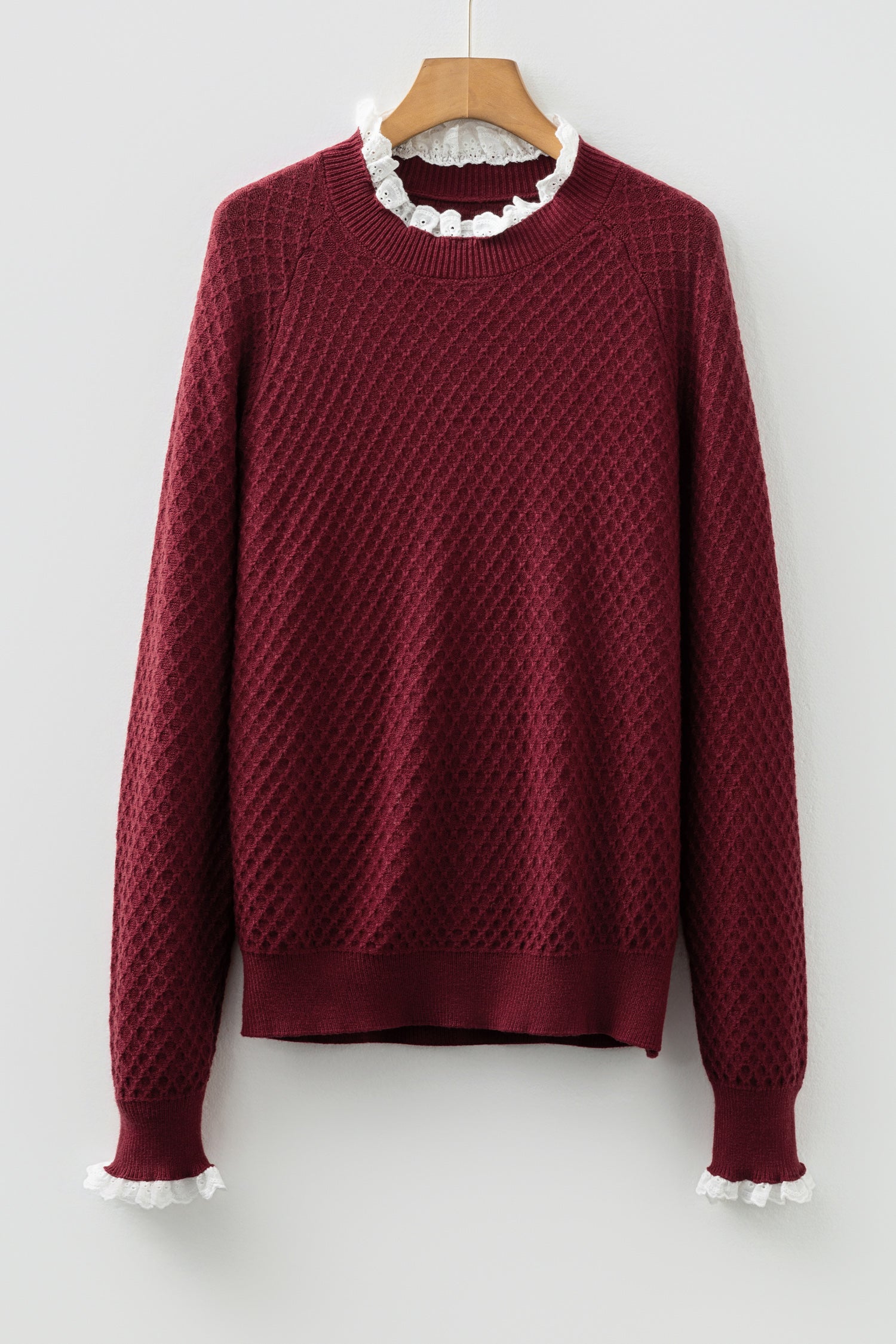 Burgundy Contrast Lace Frilled Trim Raglan Sleeve Sweater- Women