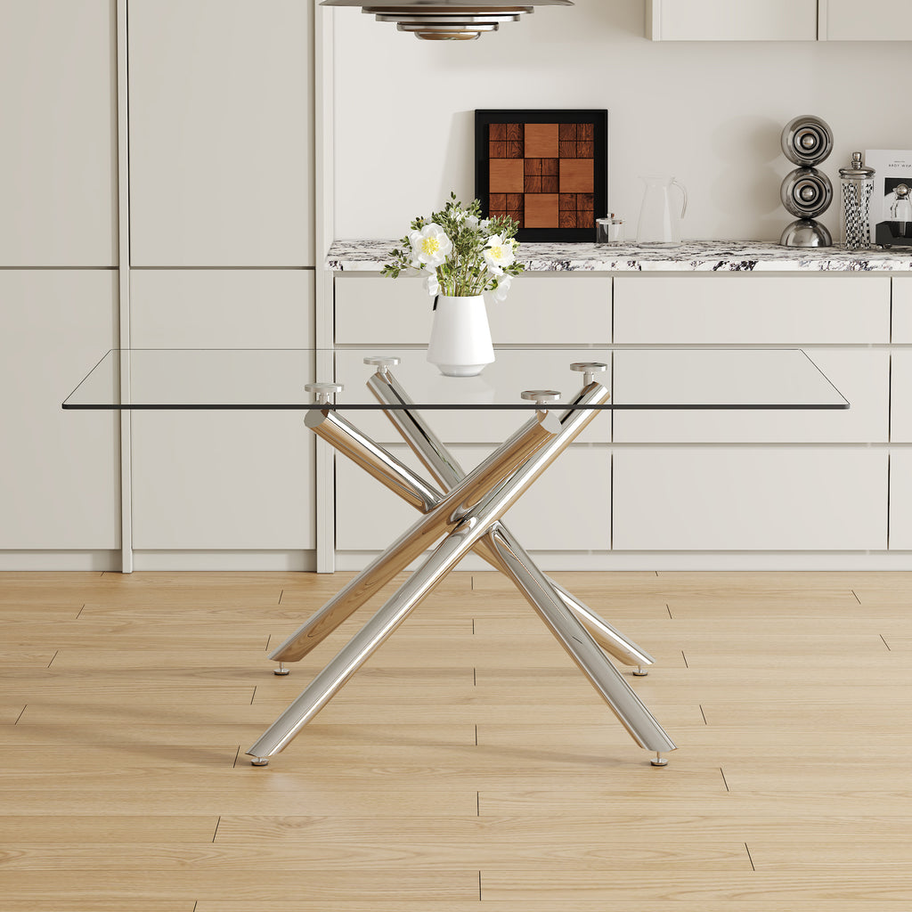 Large Modern Minimalist Rectangular Glass Dining Table with 0.39' Tempered Glass Tabletop and Silver Chrome Metal Legs, for Kitchen Dining Living Meeting Room Banquet hall,63''x35''x 29''W1151S00191