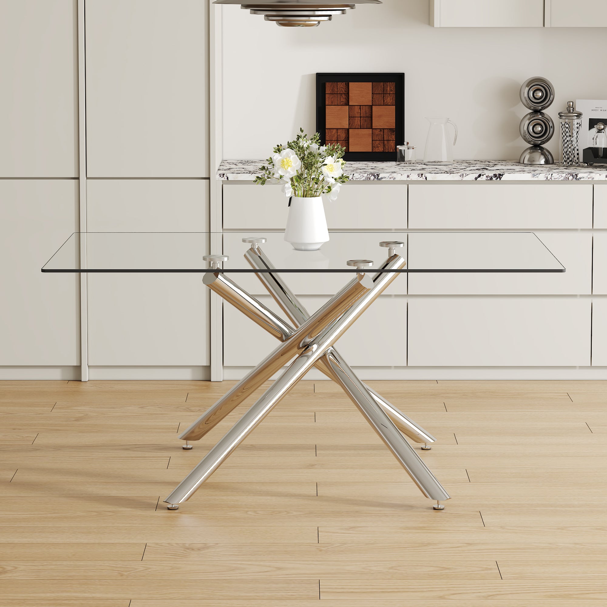 Large Modern Minimalist Rectangular Glass Dining Table with 0.39' Tempered Glass Tabletop and Silver Chrome Metal Legs, for Kitchen Dining Living Meeting Room Banquet hall,63''x35''x 29''W1151S00191