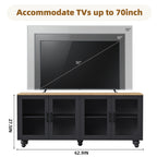 Farmhouse TV Stand with Solid Wood Gourd-Shaped Legs for TVs Up to 70', Entertainment Center with Bookshelves & Tempered Glass Doors, Media Console with Adjustable Shelves, Living Room, Black