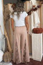 Straw Yellow Mineral Wash Leopard Patchwork Wide Leg Pants- Women
