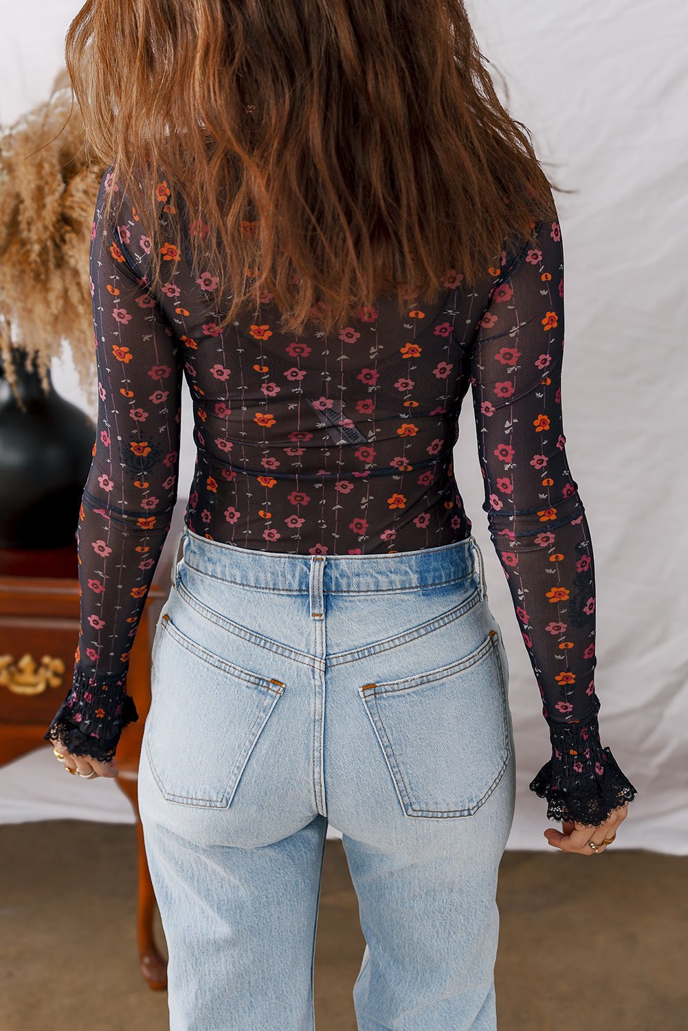 Dear Lover Black Floral Print Smocked Cuff Slim Fit Mesh Bodysuit- Women