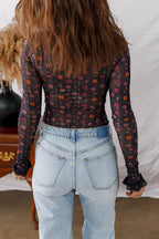 Dear Lover Black Floral Print Smocked Cuff Slim Fit Mesh Bodysuit- Women