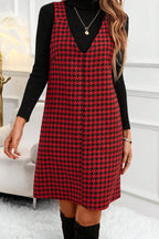 Red Houndstooth Print V Neck Sleeveless Mini Dress- Women