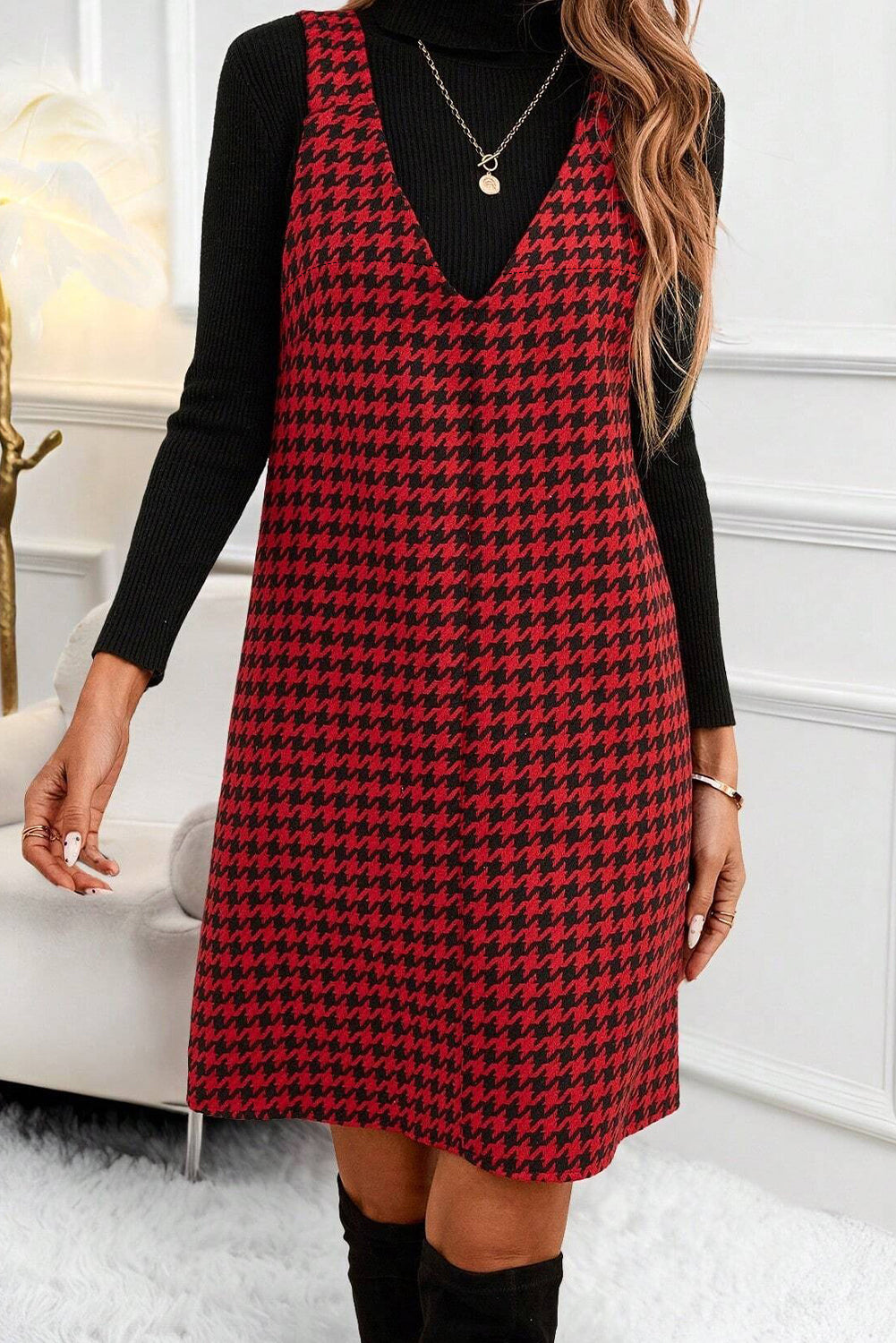 Red Houndstooth Print V Neck Sleeveless Mini Dress- Women
