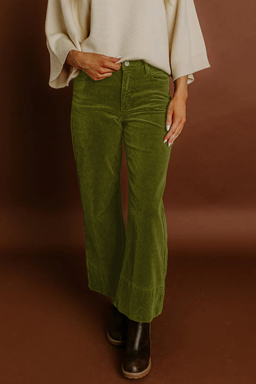 Vineyard Green Corduroy Solid Color High Waist Wide Leg Pants- Women