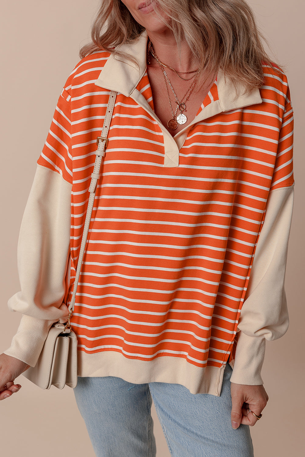 Orange Stripe Color Block Loose Fit Collared Drop Shoulder Sweatshirt- Women Orange Stripe 95%Cotton+5%Elastane
