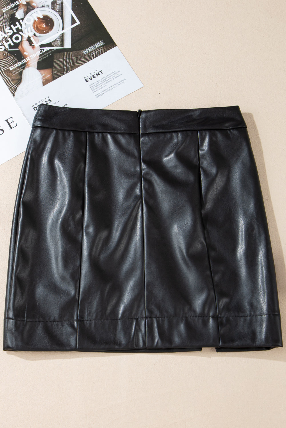 Black PU Leather Side Slits Slim Fit High Waist Mini Skirt- Women