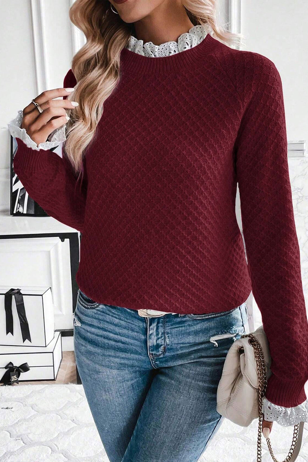 Burgundy Contrast Lace Frilled Trim Raglan Sleeve Sweater- Women