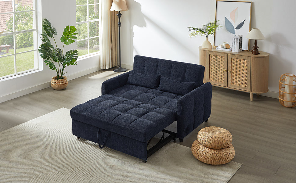 Modern Loveseat Sofa Pull-out Bed with Adjustable Backrest, USB Ports, Lumbar Pillows, Blue Chenille, 52.8'