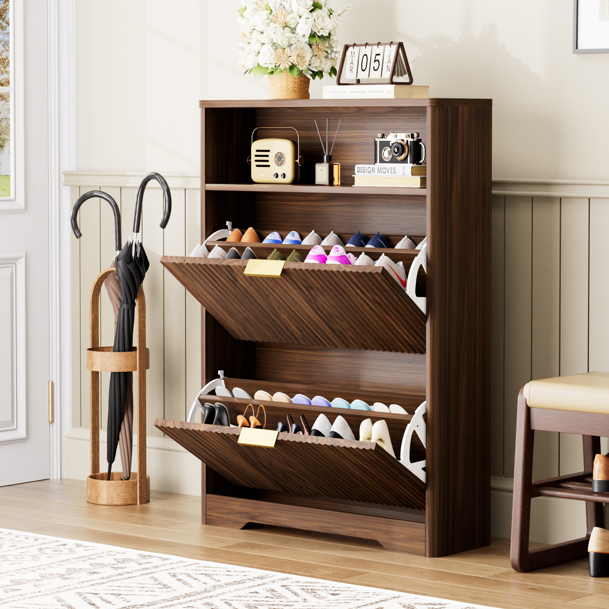 Shoe Cabinet Storage for Entryway Hidden Shoes Storage Cabinet with 2 Flip Drawers, Tall Free Standing Shoe Organizer Rack for Foyer, Hallway. Walnut,31.6'' L x 9.6'' W x 40'' H.