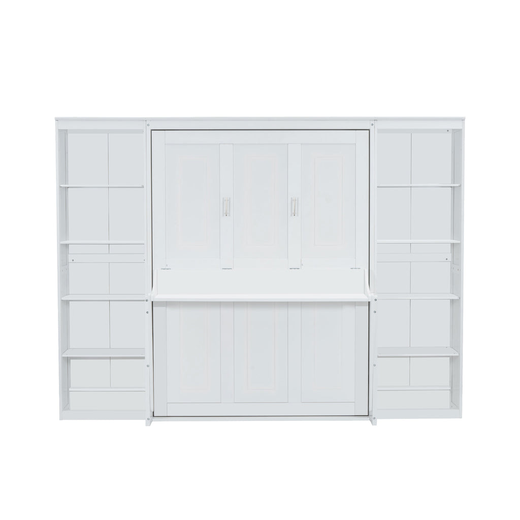 White Full Size Murphy Bed with Desk and Bookshelf, Pine Wood+MDF, 110.3''L x 79.8''W x 82''H