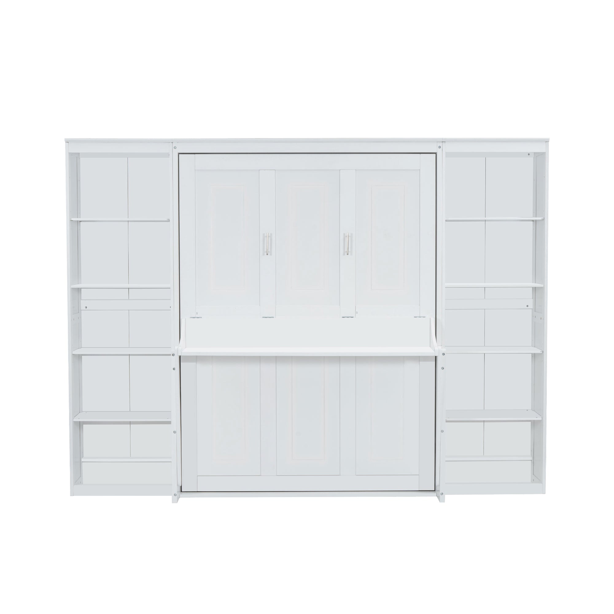 White Full Size Murphy Bed with Desk and Bookshelf, Pine Wood+MDF, 110.3''L x 79.8''W x 82''H