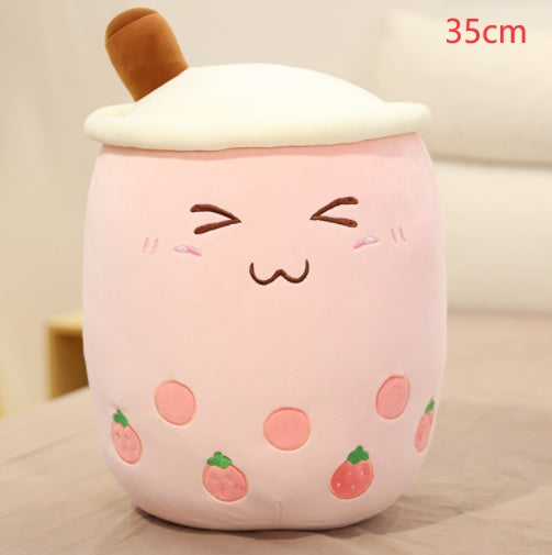 Cute Fruit Drink Plush Stuffed Soft Strawberry Milk Tea Plush Boba Tea Cup Toy Bubble Tea Pillow Cushion Kids Gift Pink 35CM