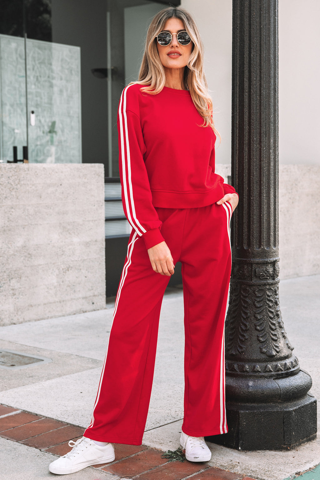 Fiery Red Varsity Striped Detail Crewneck Pullover Elastic Sweatpants 2pcs Outfit- Women Fiery Red 65%Polyester+35%Cotton