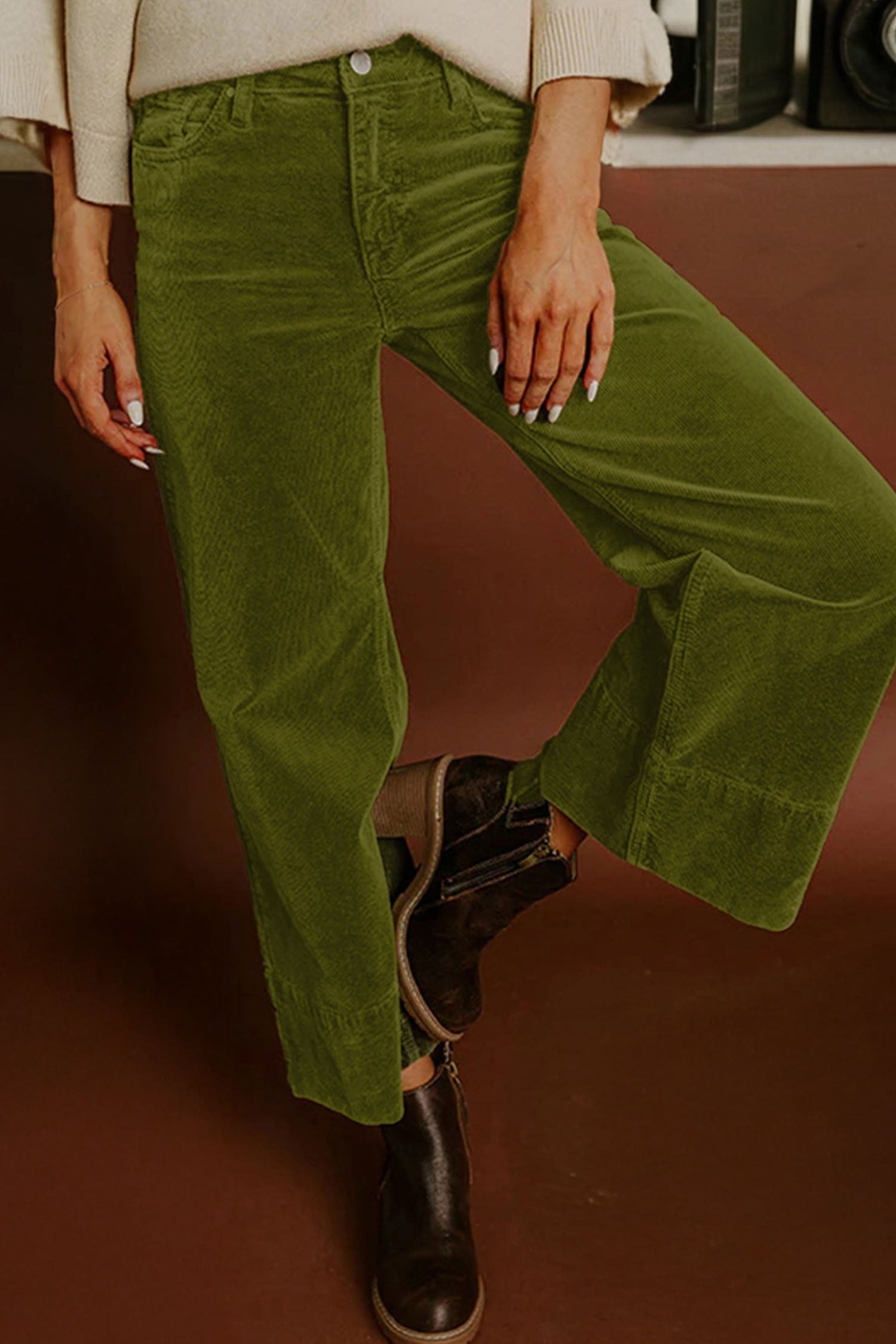 Vineyard Green Corduroy Solid Color High Waist Wide Leg Pants- Women Vineyard Green 98%Cotton+2%Elastane