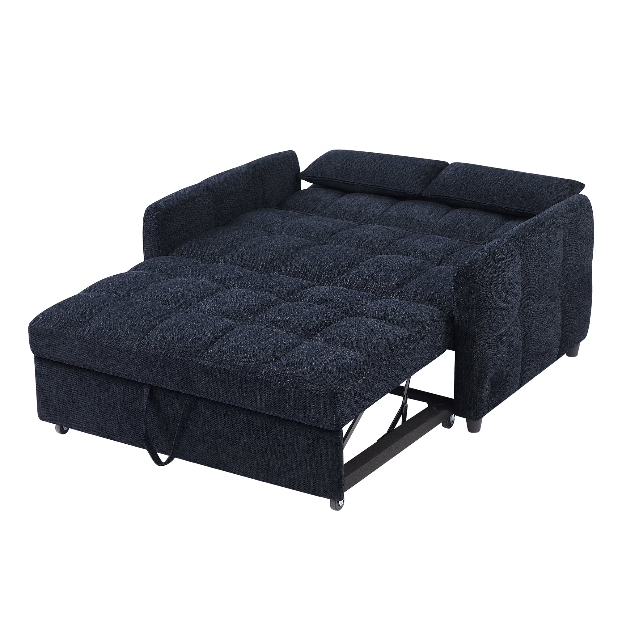Modern Loveseat Sofa Pull-out Bed with Adjustable Backrest, USB Ports, Lumbar Pillows, Blue Chenille, 52.8'