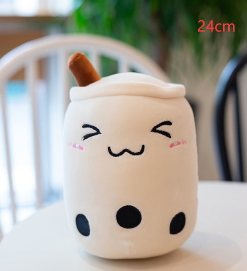 Cute Fruit Drink Plush Stuffed Soft Strawberry Milk Tea Plush Boba Tea Cup Toy Bubble Tea Pillow Cushion Kids Gift White triangle eyes 24cm