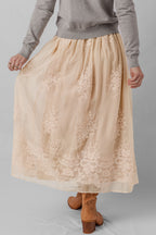 Oatmeal Embroidered Mesh Overlay Flowy Long Skirt- Women