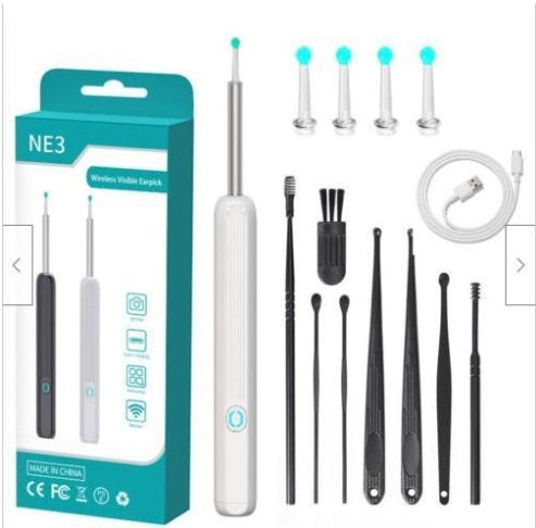 NE3 Ear Cleaner Otoscope Ear Wax Removal Tool With Camera LED Light Wireless Ear Endoscope Ear Cleaning Kit For I-phone White with 8pcs set USB