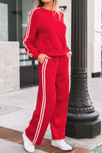 Fiery Red Varsity Striped Detail Crewneck Pullover Elastic Sweatpants 2pcs Outfit- Women