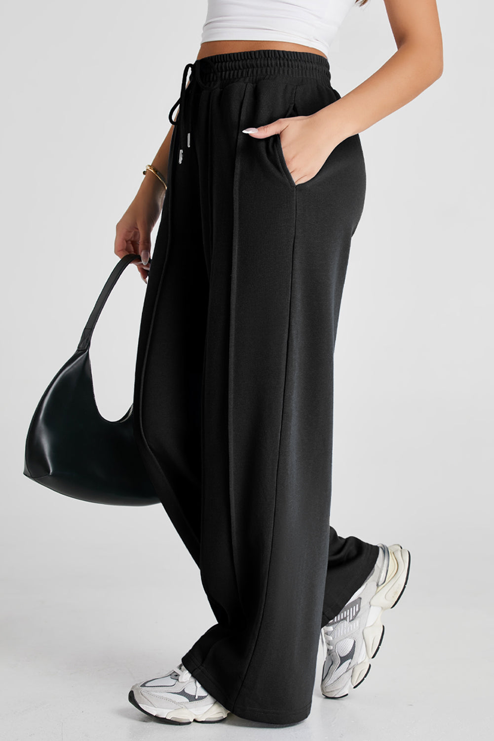 Black Seamed Drawstring High Waist Wide Leg Sweatpants- Women