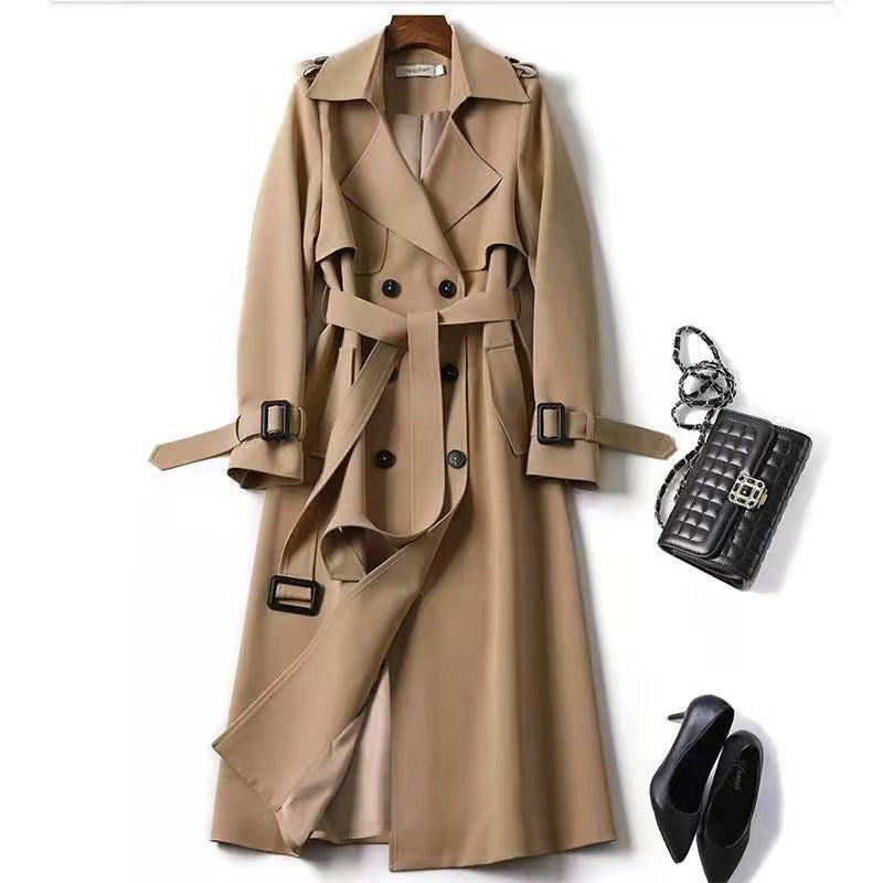 Women's Classic Trench Coat, Solid Color Long Sleeve Belted Mid-Length Jacket With Button Detail For Spring And Fall Khaki