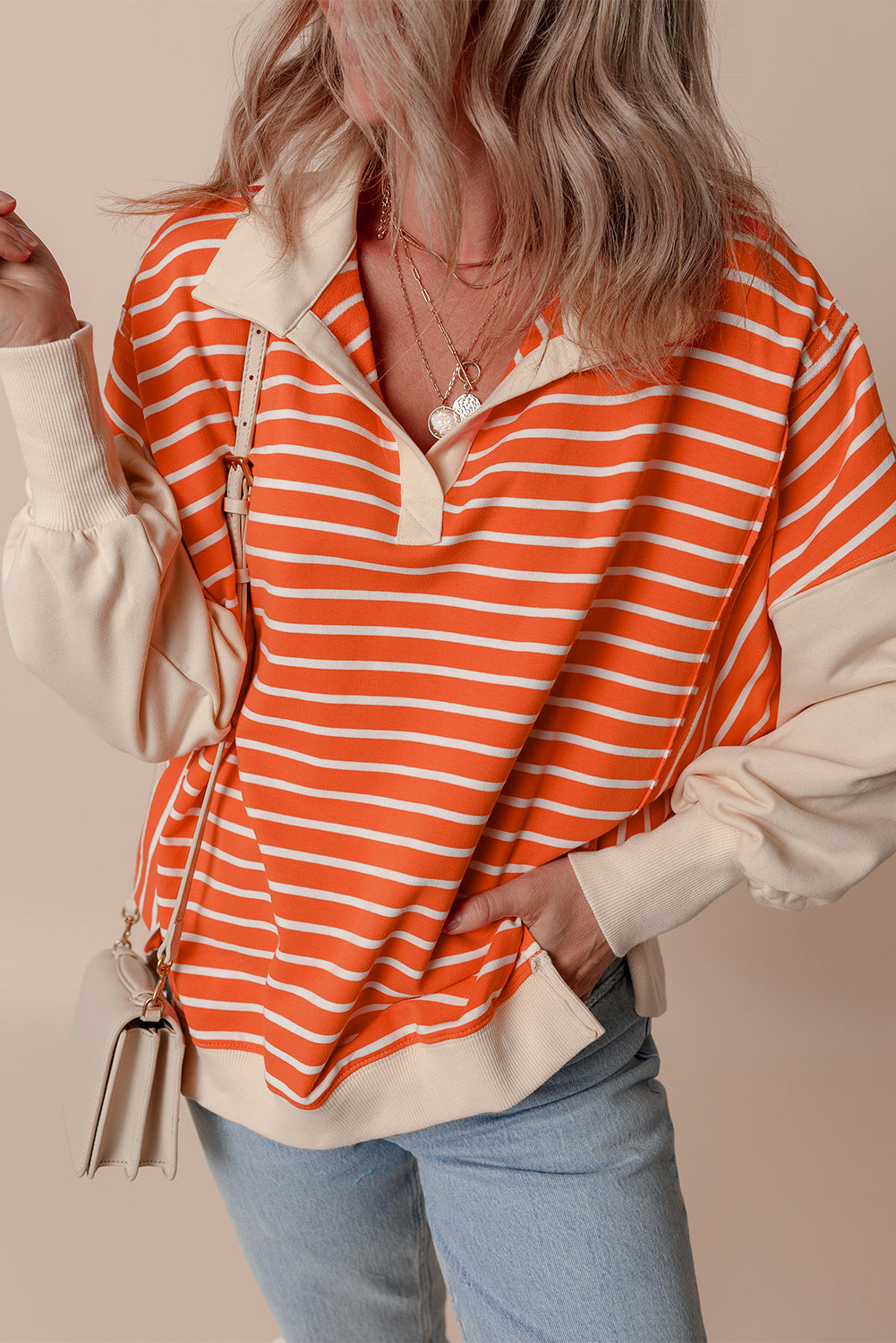 Orange Stripe Color Block Loose Fit Collared Drop Shoulder Sweatshirt- Women
