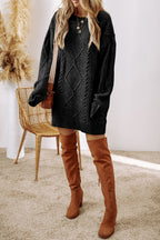 Black Cable Knit Drop Shoulder Loose Fit Sweater Dress- Women