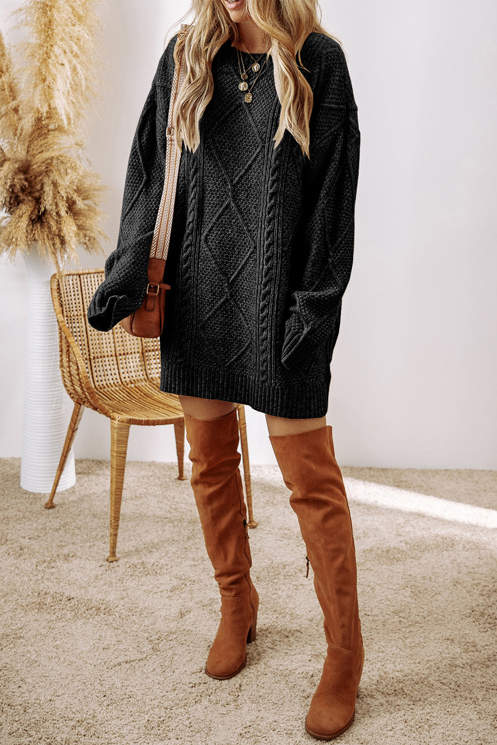 Black Cable Knit Drop Shoulder Loose Fit Sweater Dress- Women