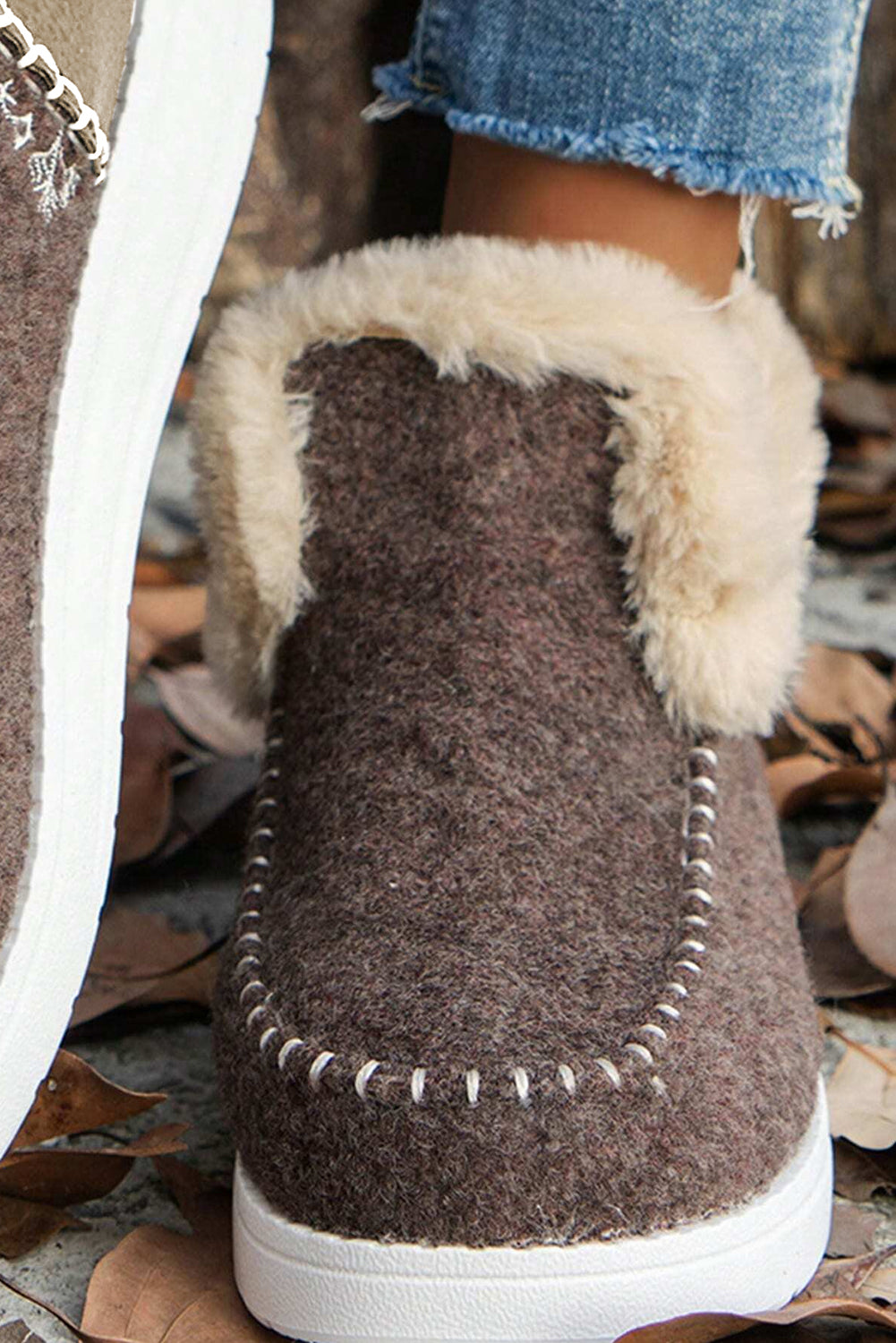 Coffee Suede Stitching Patchwork Plush Lined Anklet Boots- Women