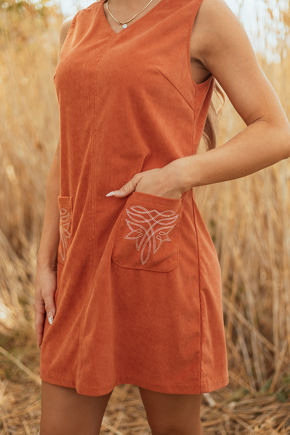 Gold Flame Corduroy Western Embroidered Patched Pocket Shift Sleeveless Mini Dress- Women
