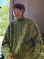 Japanese-style Retro Green Jacquard Turtleneck Men Sweater