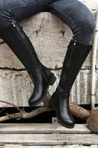 Black Side Zipper Knee High Chunky Low Heel Boots- Women