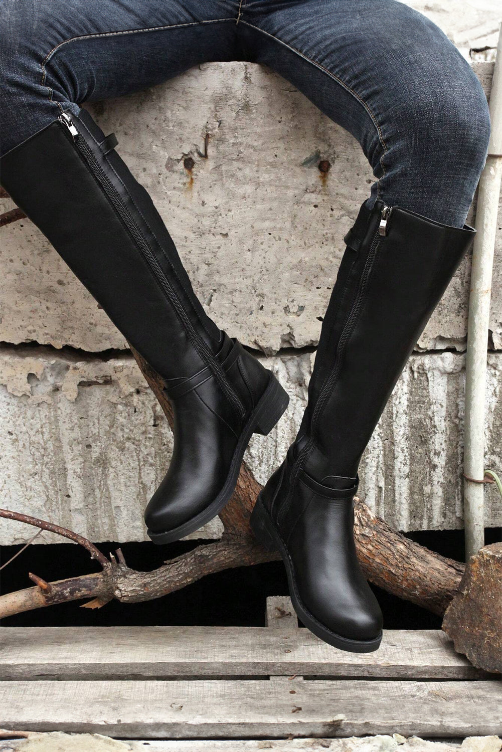 Black Side Zipper Knee High Chunky Low Heel Boots- Women