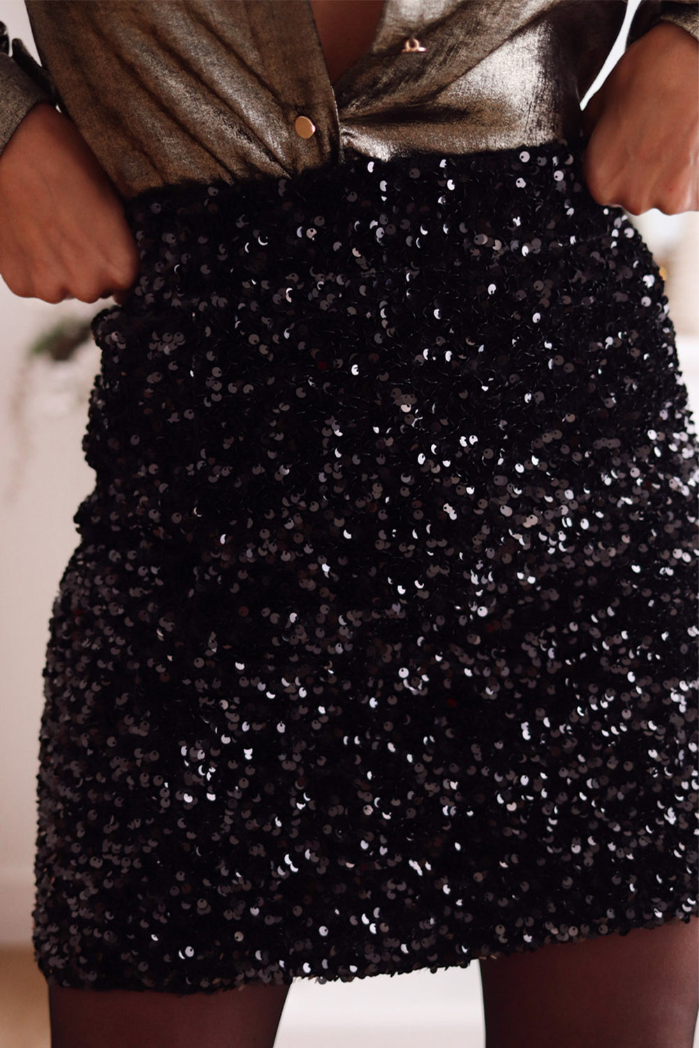 Black Sequin Bodycon Mini Skirt- Women