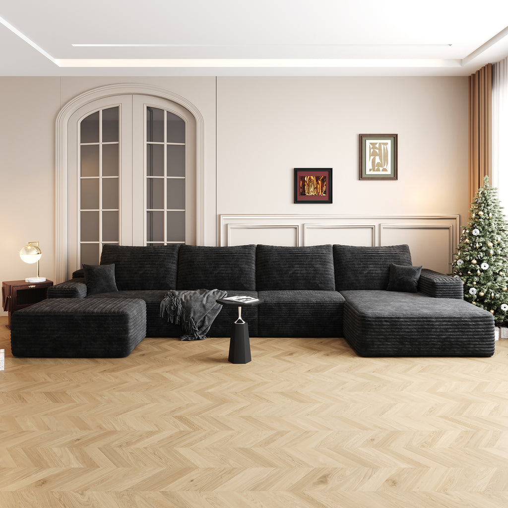 135' Cloud Sectional Sofa with 1 Ottoman,Modern Minimalist Upholstered Couches, Comfort U Shaped Sofa for Living Room,Deep Seat Corner Couch,No Assembly Required,Balck (Plush Corduroy Fabric)