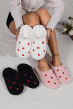 Pink Heart Shape Embroidered Slip On Plush Slippers- Women
