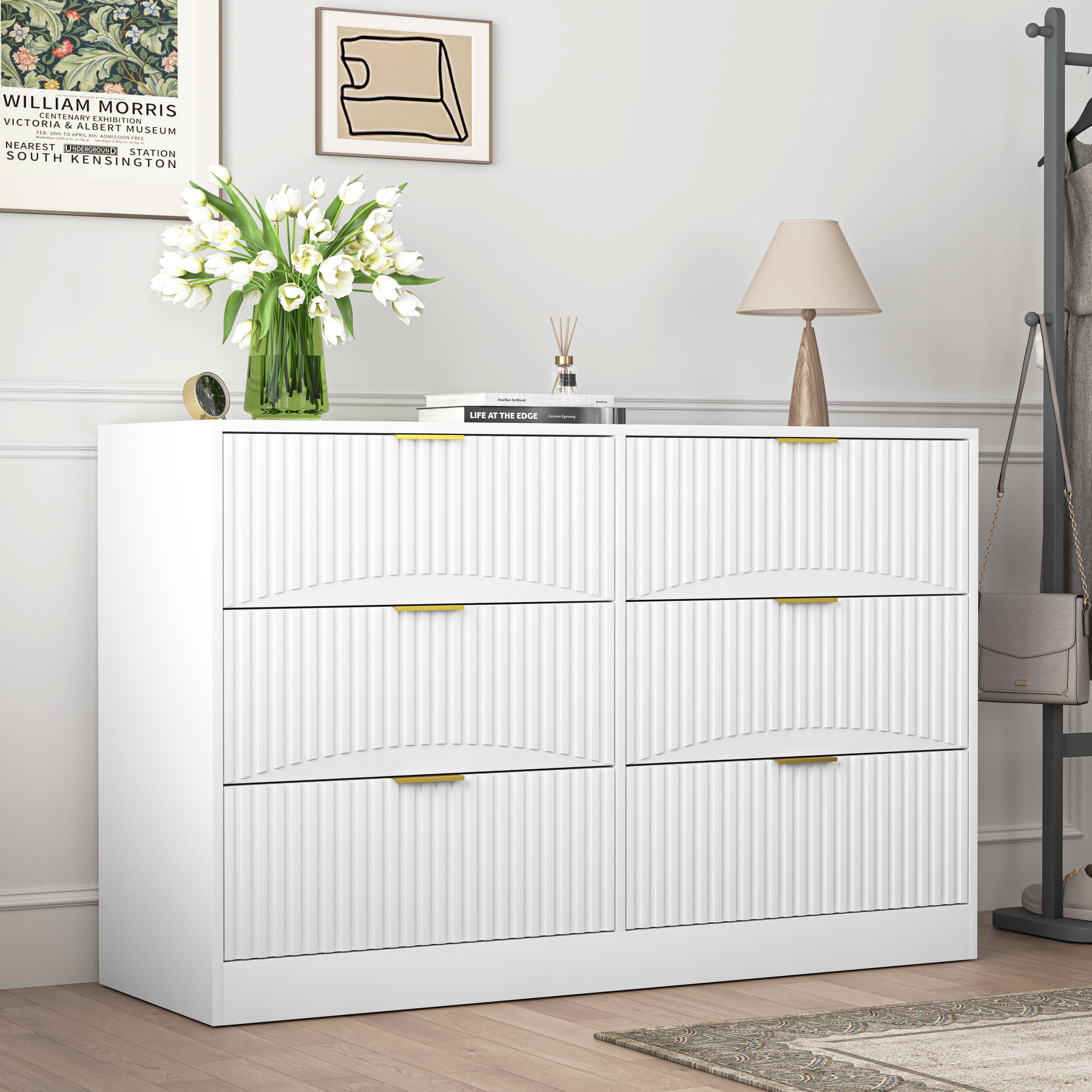 Modern 6-Drawer Dresser, Chest of Drawers for Bedroom, Living Room, Hallway, and Entryway - Large Storage Cabinet, White,Drawer panel with wavy patterns