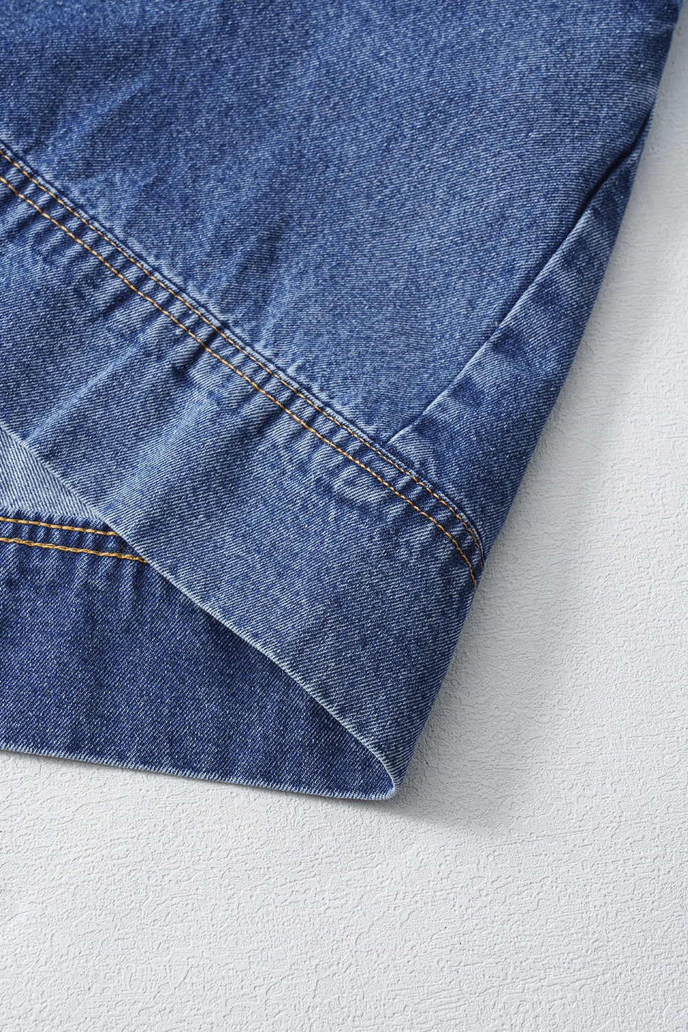 Blue Short Sleeve Collared Patched Pocket Denim Mini Dress- Women