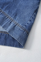 Blue Short Sleeve Collared Patched Pocket Denim Mini Dress- Women