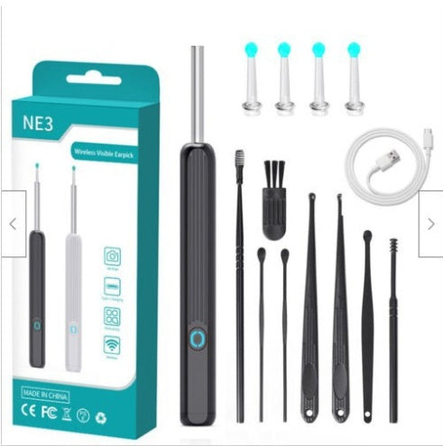 NE3 Ear Cleaner Otoscope Ear Wax Removal Tool With Camera LED Light Wireless Ear Endoscope Ear Cleaning Kit For I-phone Black with 8pcs set USB