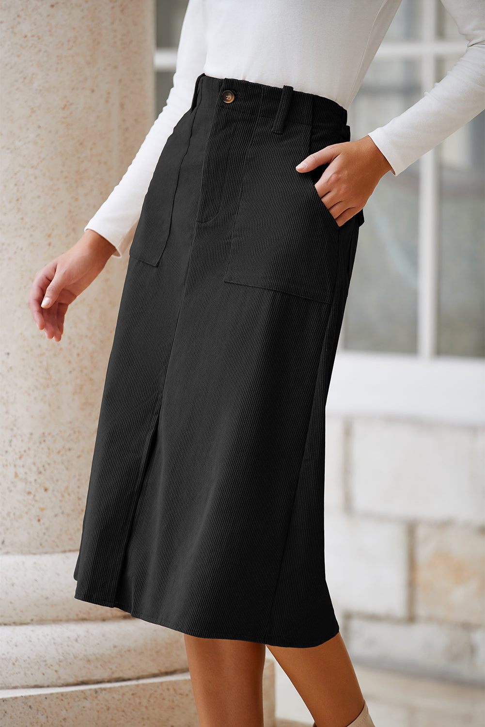Black Front Slit Shift High Waist Midi Skirt- Women
