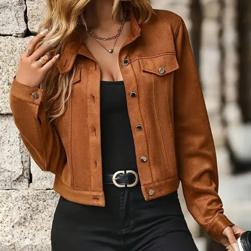 Women's Faux Suede Cropped Jacket, Vintage Stand Collar Short Coat Casual Button Up Fall Outwear Brown