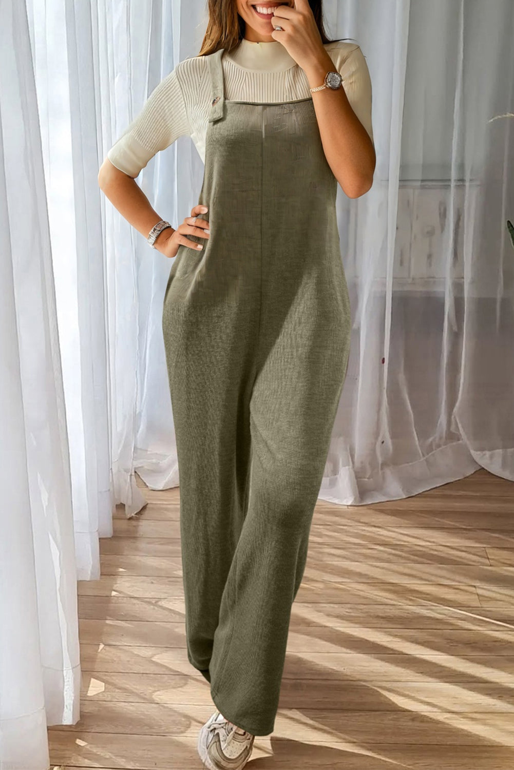 Laurel Green Solid Color Knit Loose Straight Leg Casual Overall Jumpsuit Laurel Green 97%Polyester+3%Elastane