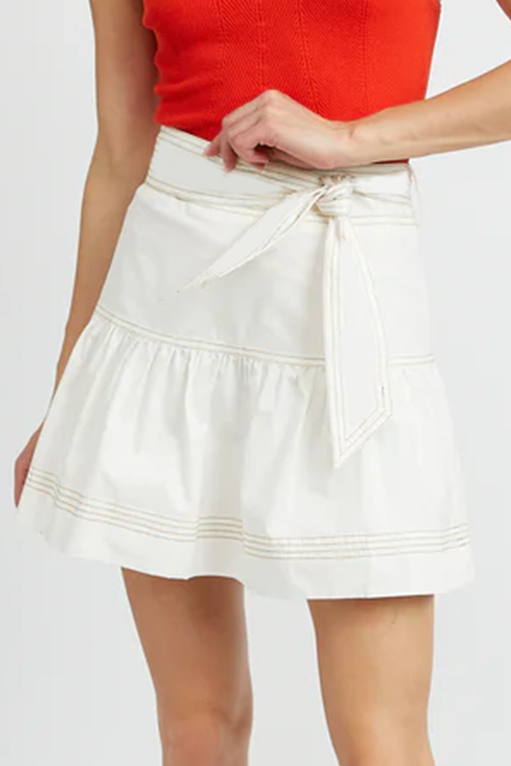 White Contrast Stitching Trim Knotted High Waist A-Line Mini Skirt- Women