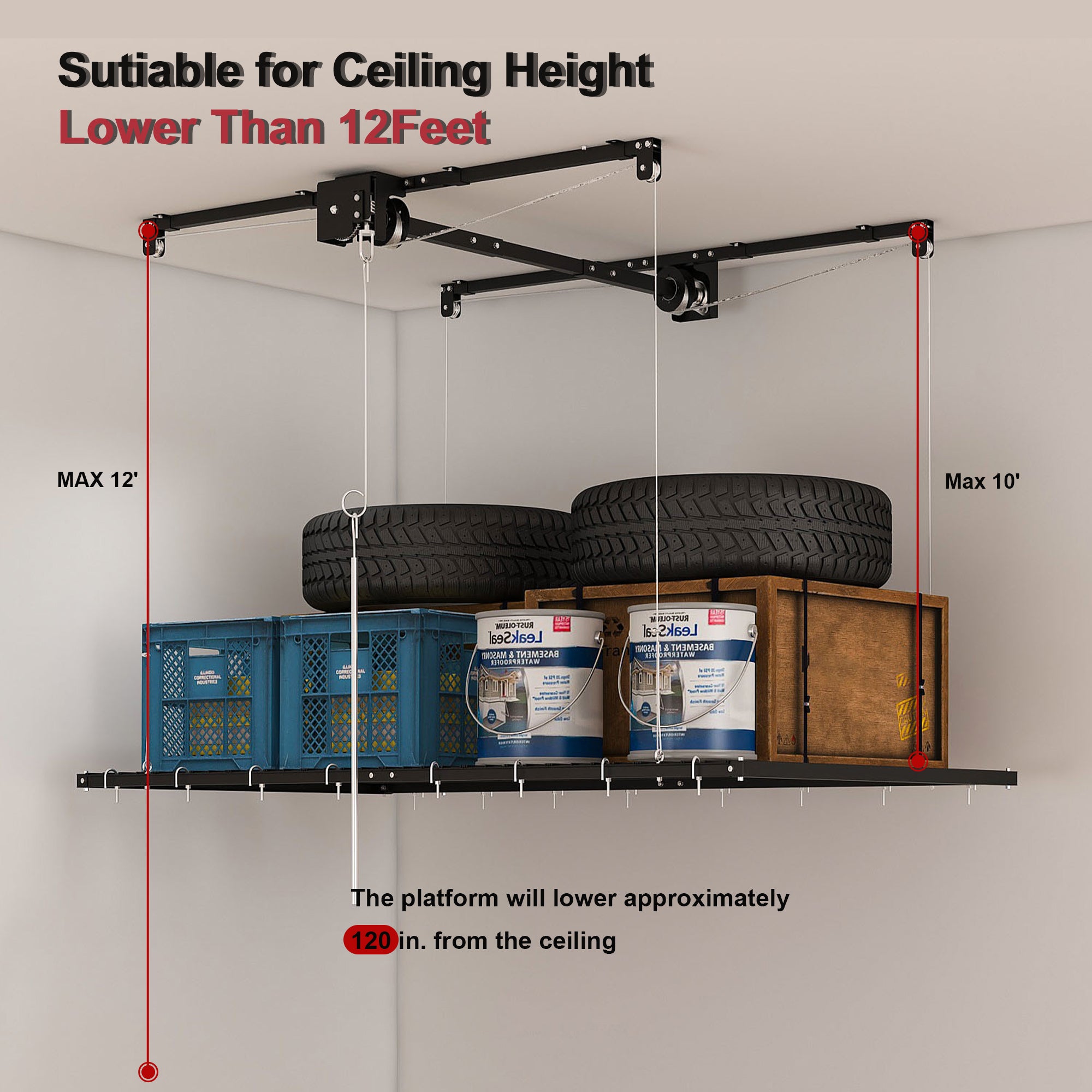 Overhead Garage Storage Rack 4x4 FT for High Ceilings 10-12 FT, 250LBS Capacity All-Steel Construction with Safety Lock (Installation Required, Heavy-Duty Garage Organizer)
