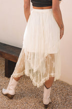 Beige Lace Cascading Tiered High Waist Maxi Skirt- Women